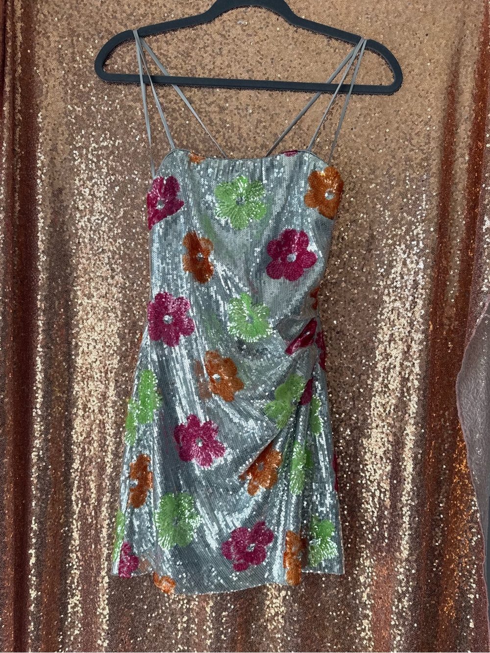 RAMY BROOK Silver Sequin Floral Slip Dress with Pink, Green & Orange Accents